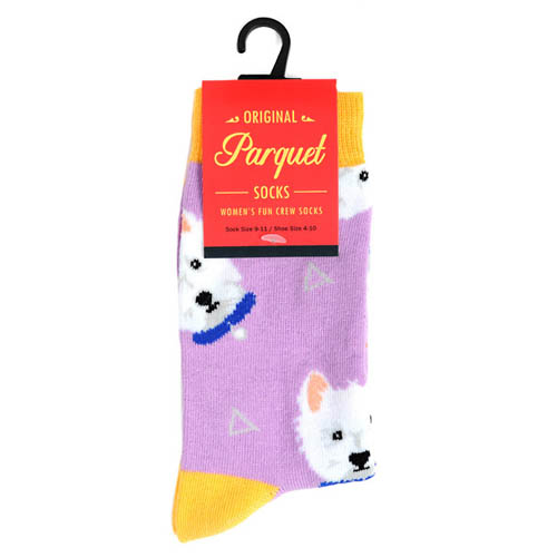 A pair of socks designed with playful dogs lavender and yellow and white colors.